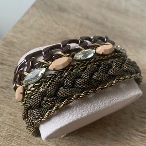 Rhinestone, brass, peach enamel cuff bracelet